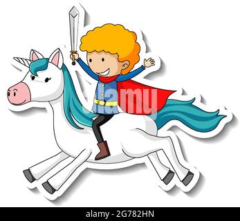 Cute stickers with a knight riding a unicorn cartoon character illustration Stock Vector