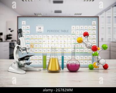 Chemistery laboratory with microscope, molecule model and glass lab eqipment on the table. Periodic table on the background. 3D illustration. Stock Photo