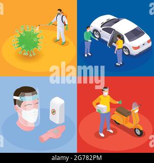 Social distancing isometric design concept with disinfection sanitizers vehicles and people at safe amount of distance vector illustration Stock Vector