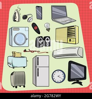 Big set of Appliances used at home everyday. Iron Headphones Mobile Laptop Remote Washing Machine Bulb air conditioner toaster fridge earphones heater Stock Vector