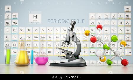 Chemistery laboratory with microscope, molecule model and glass lab eqipment on the table. Periodic table on the background. 3D illustration. Stock Photo