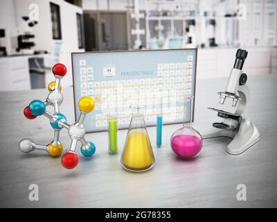 Chemistery laboratory with microscope, molecule model and glass lab eqipment on the table. Periodic table on the background. 3D illustration. Stock Photo