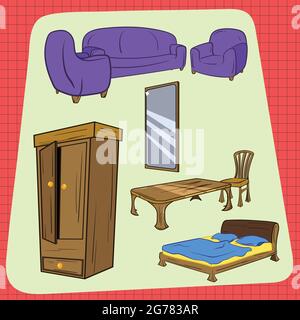 Big Set of Household Furniture Items. Sofa Set Almirah Looking Mirror Bed Chair Coffee Table Pillow Bedsheet. Red Background with check pattern Stock Vector