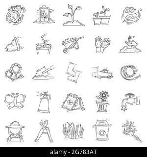 Gardening hand drawn icon set, outline black, doodle icon, vector icon design. Stock Vector