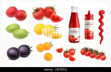 Tomatoes realistic icons set with ketchup symbols isolated vector illustration Stock Vector