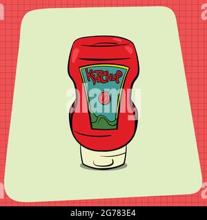 Sqeeze bottle of Ketchup. Everyday household breakfast items. Food icons for menu design. Vector Graphic Elements isolated on White Background. Stock Vector