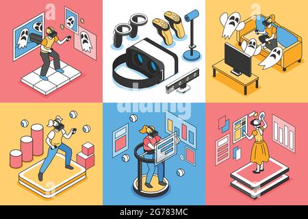 Virtual reality concept icons set with VR illusion symbols isometric isolated vector illustration Stock Vector