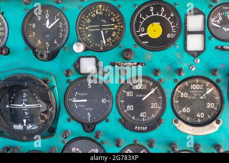 Toggle switches old soviet helicopter mi2 many text on Russian language which translates Light danger Beacon Suspension Cargo Dump Tactical Emergency Stock Photo