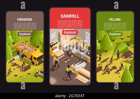 Isometric banners with sawmill process of felling and firewood cutting 3d isolated on black background vector illustration Stock Vector