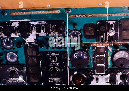 Toggle switches old soviet helicopter mi2 many text on Russian language which translates Light danger Beacon Suspension Cargo Dump Tactical Emergency Stock Photo