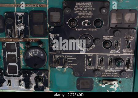 Toggle switches old soviet helicopter mi2 many text on Russian language which translates Light danger Beacon Suspension Cargo Dump Tactical Emergency Stock Photo