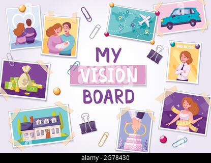 Vision board cartoon background with wealth and family symbols vector ...