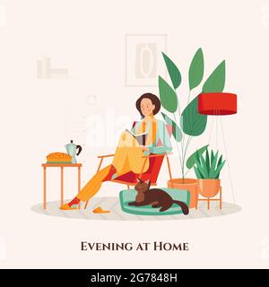Woman in armchair spending evening with cat and book at her cozy home flat vector illustration Stock Vector