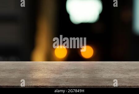 Blurred background of bar and rustic brown retro wooden desk. assembly, product display exhibition. Stock Photo