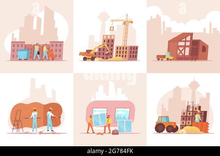 Home construction set of six square compositions with flat images of apartment houses under finishing works vector illustration Stock Vector