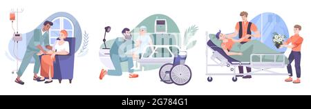 Oncology 3 flat compositions with chemotherapy treatment postoperative nursing care friends family visiting cancer patients vector illustration Stock Vector