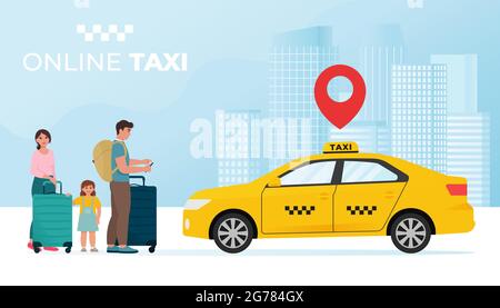 Happy Family with suitcases call taxi, and go to Summer Trip. Mother, Father, and Daughter Standing with Luggage on City Street Stock Vector