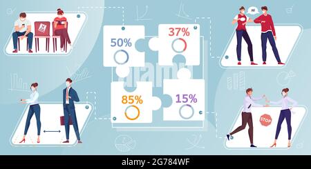 Social distance flat infographics with characters of coworkers with ...