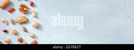 Nuts panorama with a place for text, top shot of a variety of nuts on a slate background Stock Photo