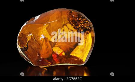 amber, ancient leaves in natural fossilized tree resin isolated on shiny black background Stock Photo