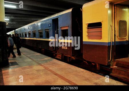 Burma local train stop wait burmese people and travelers passengers journey go to visit World Heritage Site at railway station at Bagan or Pagan ancie Stock Photo