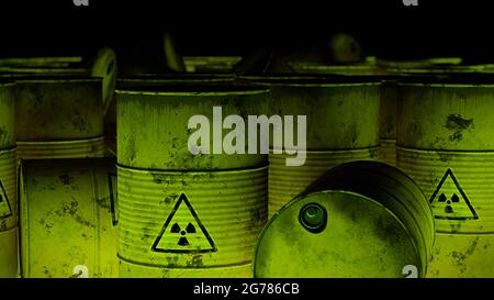 radioactive waste in rusty barrels, 3d background rendering Stock Photo