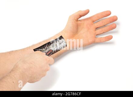 Robot hand inside human hand - Prosthesis concept, repairing, isolated on white Stock Photo