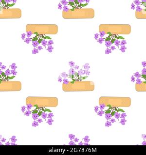 Seamless pattern with sticking plasters and purple flowers. Medical patch repeat texture. Stock Vector