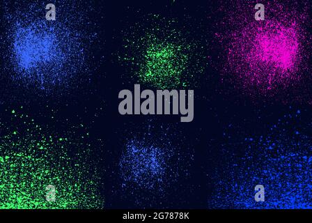 Round blue, green, pink neon colors explosin splash splatter elements isolated on black. Artistic circles spray paint grunge abstract background set, Stock Vector
