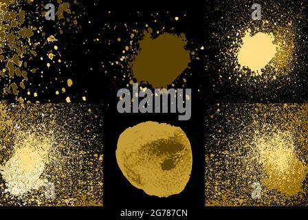 Round golden acrylic glittering paint grunge splatter isolated on black. Shimmer glow gold explosin spray stains abstract background set, gleaming vec Stock Vector