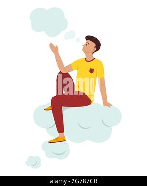 Man Sit On a Big Bubble and Thinking Good Idea. Stock Vector