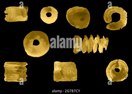 Golden yellow acrylic glittering paint grunge brush strokes isolated on black. Shimmer glow gold blobs and stains abstract background, gleaming vector Stock Vector