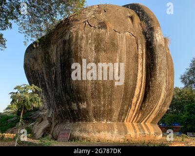 'Lions of Stone' or Lion Rock, Mingun near Mandalay, Myanmar. Remains of giant Chinthe or Leogryph guarding the Pahtodawgyi Pagoda, ruined by earthqua Stock Photo