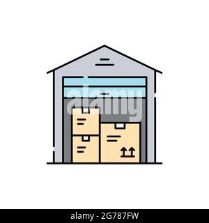 Warehouse with boxes olor line icon. Pictogram for web page, mobile app, promo. UI UX GUI design element. Editable stroke. Stock Vector