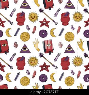Seamless pattern with hand drawn doodle line art celestial bodies and magic items. Spiritual mystic repeat texture. Stock Vector