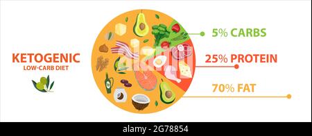 Keto diet food diagram circle chart. Ketogenic info graphic pie of healthy nutrition. Vector illustration banner with low-carb diet macros basic infor Stock Vector