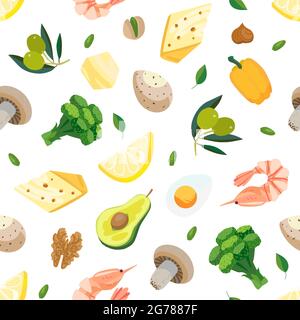 Seamless vector pattern of keto diet with low-crab products - lemon, olives, egg, cheese, pepper, mushroom, butter. Light vegetarian set of healthy fo Stock Vector