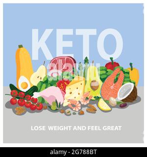 Ketogenic products concept for low-carbs diet. Composition with healthy food ingredients - zucchini, fish, tomato, seafood, shrimp, broccoli, egg, coc Stock Vector