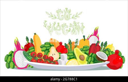 Big plate with vegetables and fruits. Healthy vegan nutrition foods and products. Vector illustration vegan concept banner with lettering GO VEGAN . G Stock Vector
