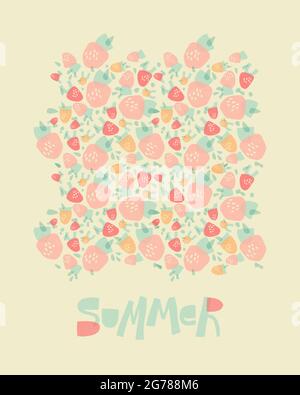 Strawberries made from geometric shapes. Summer design in pastel colors for print, poster, postcard. Stock Vector