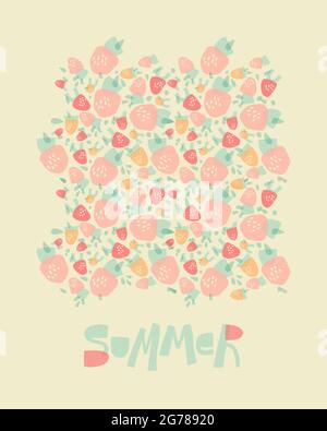 Strawberries made from geometric shapes. Summer design in pastel colors for print, poster, postcard. Stock Vector
