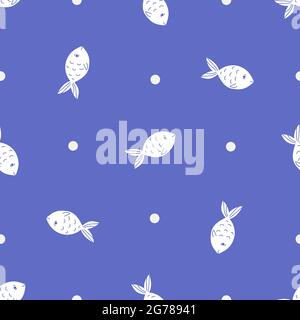 Fish seamless vector pattern in a flat minimalism style with duo tones color - white and blue. Two colors cute and fun seafood background, good for pr Stock Vector