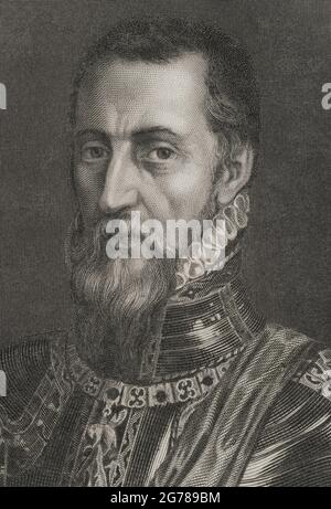 Fernando Alvarez de Toledo y Pimentel (1507-1582). Spanish military. 3rd Duke of Alba. Governor of Milan, Viceroy of Naples, Governor of the Netherlands and 1st Viceroy of Portugal and the Algarves. Portrait. Engraving by Calamatta. Correspondance de Philippe II sur les affaires des Pays-Bas. Published in Brussels, 1851. Historical Military Library of Barcelona, Catalonia, Spain. Stock Photo