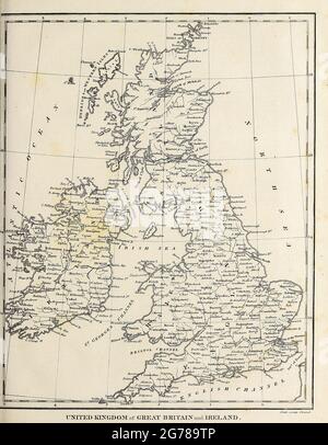 18th Century map of United Kingdom of Great Britain and Ireland Copperplate engraving From the Encyclopaedia Londinensis or, Universal dictionary of arts, sciences, and literature; Volume VIII;  Edited by Wilkes, John. Published in London in 1810. Stock Photo