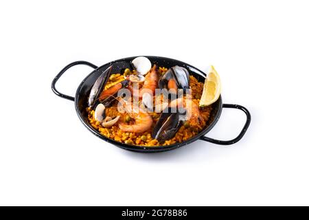 Traditional spanish seafood paella isolated on white background Stock Photo