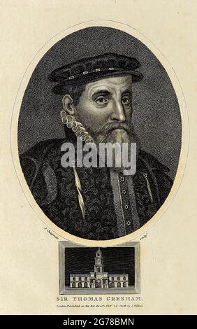 Sir Thomas Gresham the Elder (c. 1519 – 21 November 1579), was an English merchant and financier who acted on behalf of King Edward VI (1547–1553) and Edward's half-sisters, queens Mary I (1553–1558) and Elizabeth I (1558–1603). In 1565 Gresham founded the Royal Exchange in the City of London.  Copperplate engraving From the Encyclopaedia Londinensis or, Universal dictionary of arts, sciences, and literature; Volume IX;  Edited by Wilkes, John. Published in London in 1811 Stock Photo