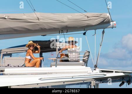 The 36th America’s Cup presented by PRADA, New Zealand Supporters on the Auckland Harbour. Auckland, New Zealand.15th March 2021. Stock Photo