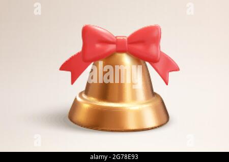3d Golden metal bell with a red bow on top. Realistic bell illustration suitable for Easter, Christmas decoration or wedding, party occasions Stock Vector
