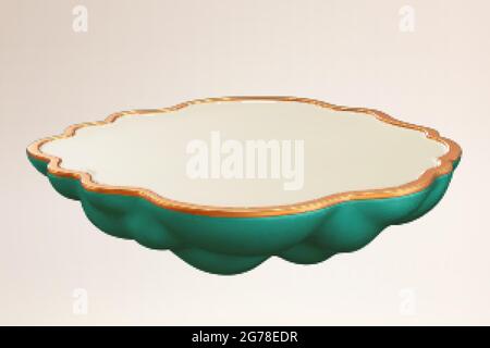 3d cloud shape display podium. Illustration of floating stage with golden edge and green bottom on a white background. Suitable for product presentati Stock Vector