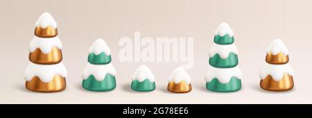 3d Christmas trees collection. Illustration of Xmas pine trees covered with white snow at different heights on an empty background Stock Vector